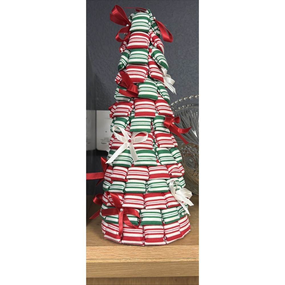 Vintage Folded Fabric Christmas Tree Handmade Vintage Cottage Core 12" Tall